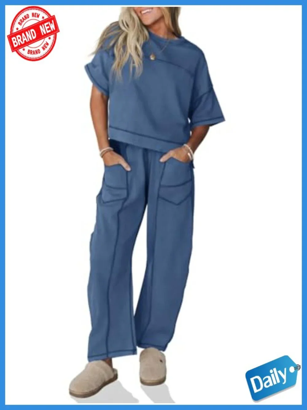 Women's 2 Piece Lounge Set Cotton Spandex Short Sleeve Top Wide Leg Pants